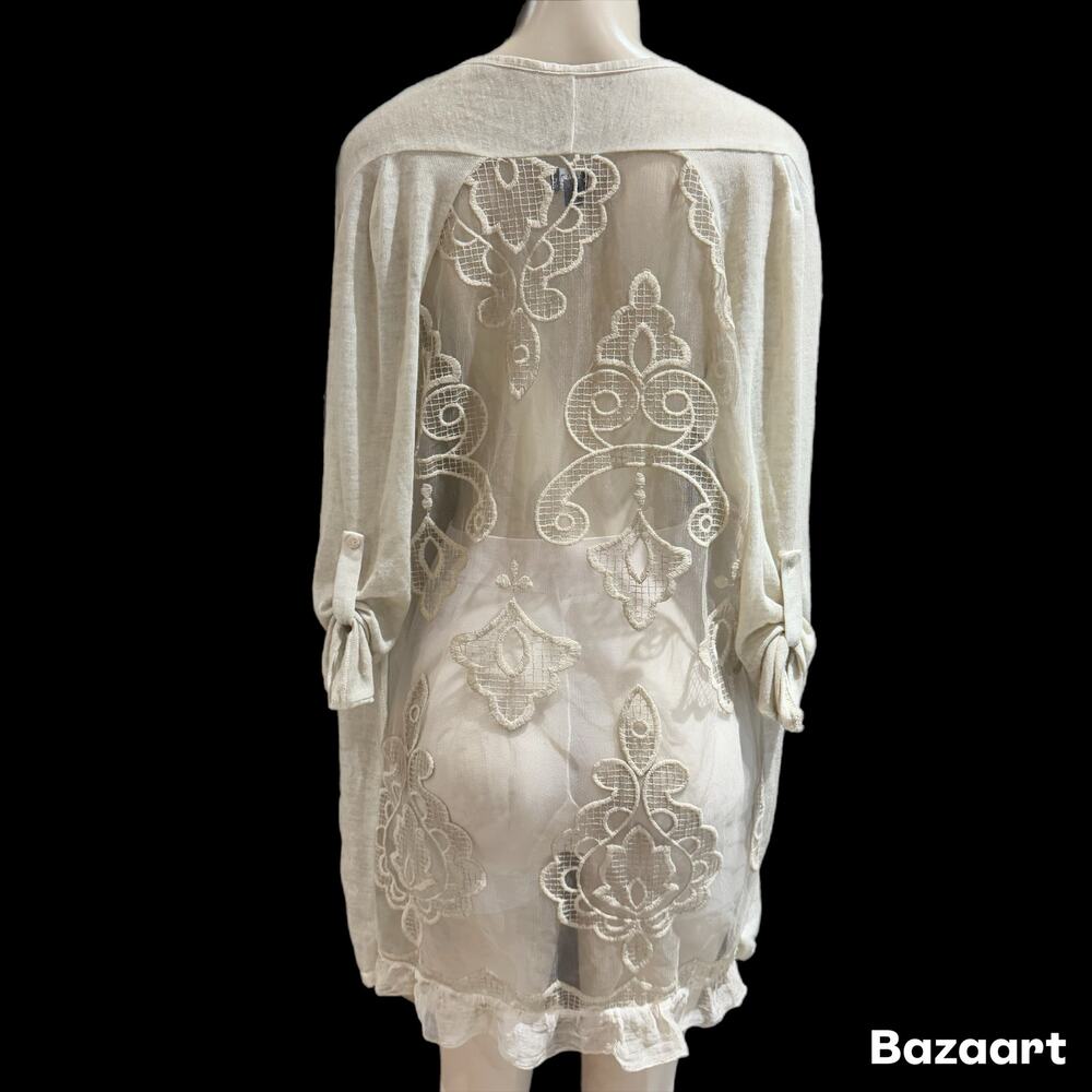 FANTAZIA Women’s Lace Embroidery Open Cardigan Linen Blend Boho Casual Slouchy S